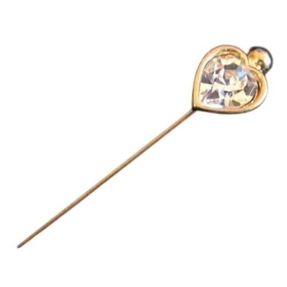 Vintage Very Long Gold Plated Crystal Rhinestone HEART Hat Stick Pin 4.25"